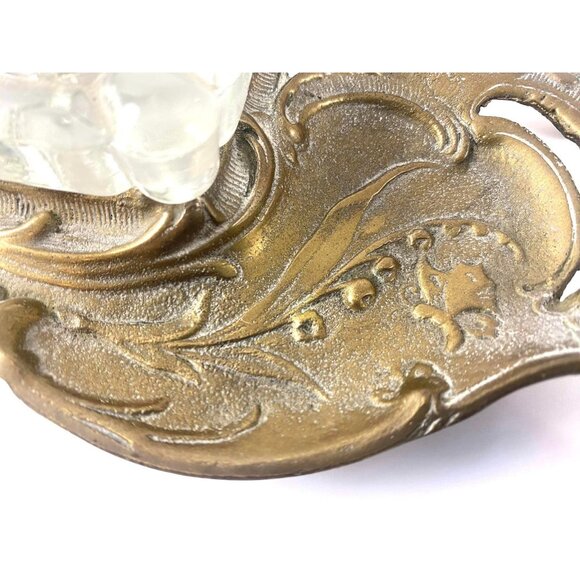 Antique Victorian Brass & Glass Inkwell Holder Desk Accessory With Ornate Design - Picture 5 of 9